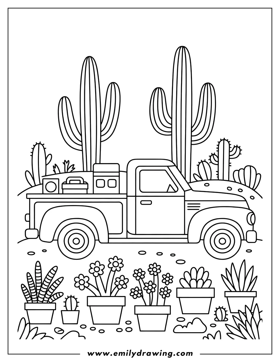 Outline of a vintage truck carrying boxes, parked near tall cacti and various potted plants, including succulents and flowers.