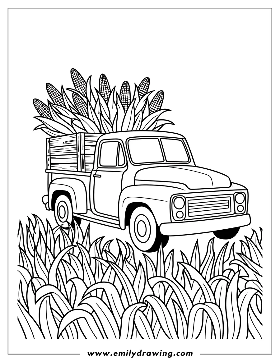 Outline of a vintage truck carrying a full load of corn.