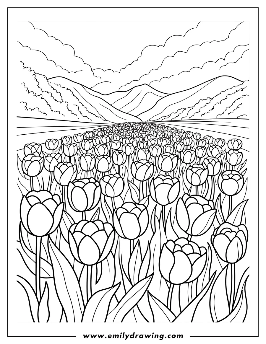 Outline of a field of tulips with hills and clouds in the background.