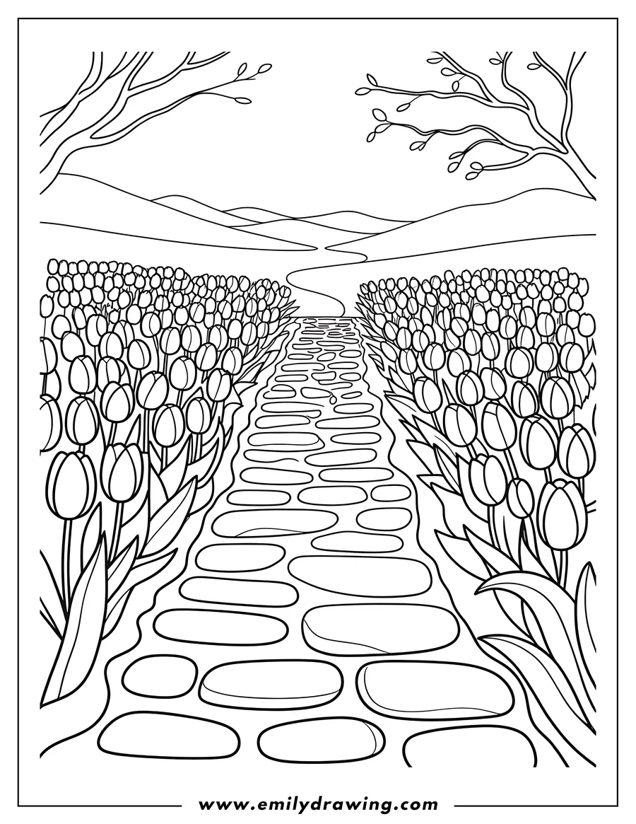 Line drawing of a path through a field of tulips, with trees and rolling hills in the background.