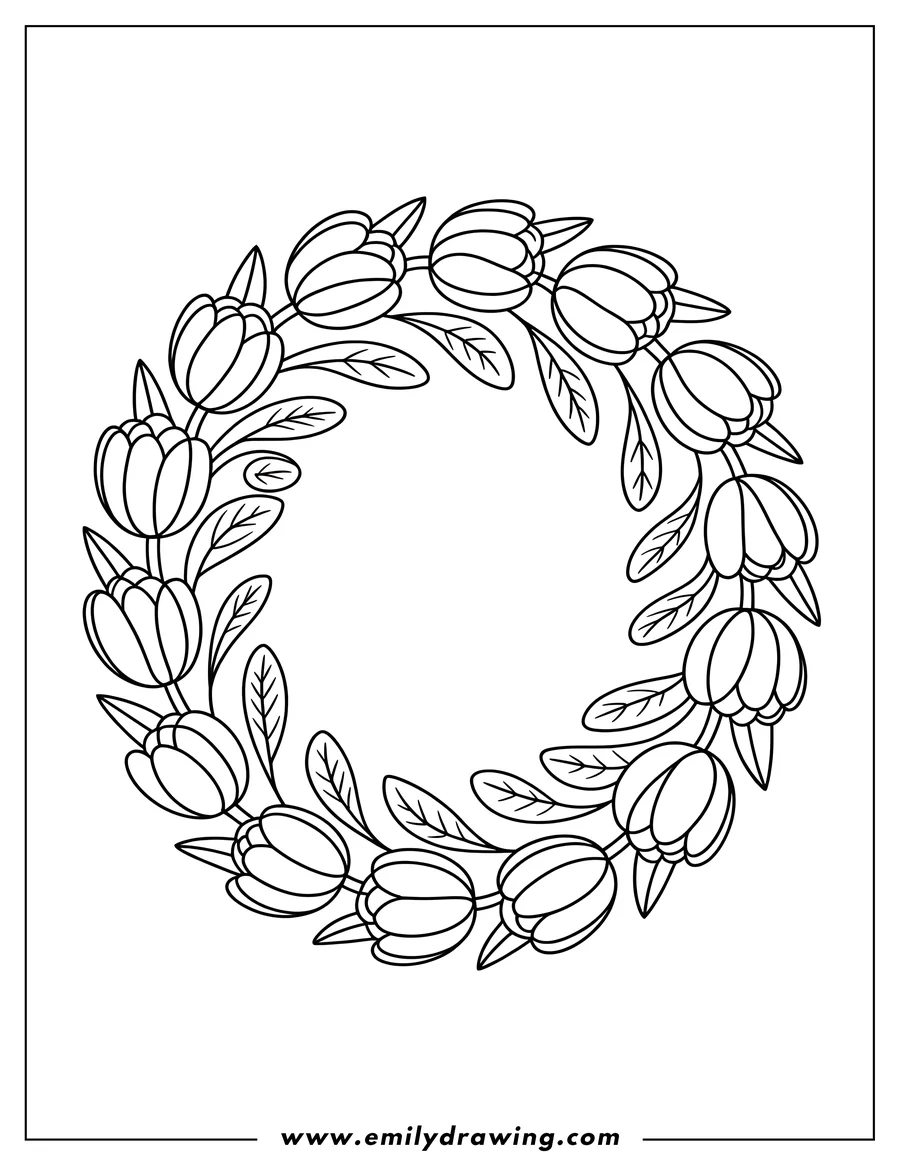 Outline of a symmetrical wreath made of tulips and leaves.