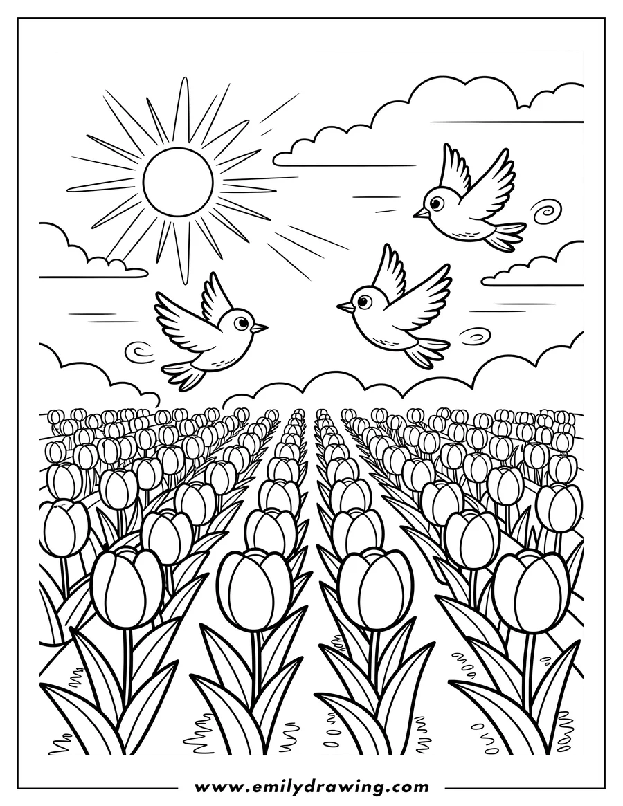 Outline of two birds flying over a field of tulips on a sunny day.