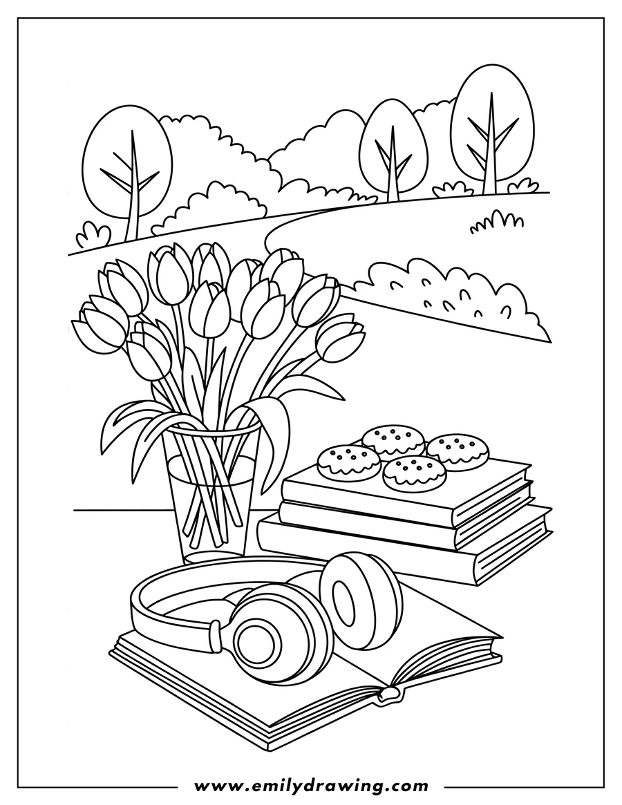 Outline of a vase of tulips next to a stack of books, cookies, and headphones.