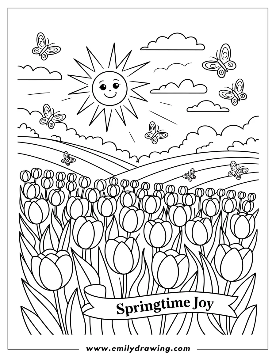 Outline of a field of tulips with butterflies flying overhead on a sunny day.