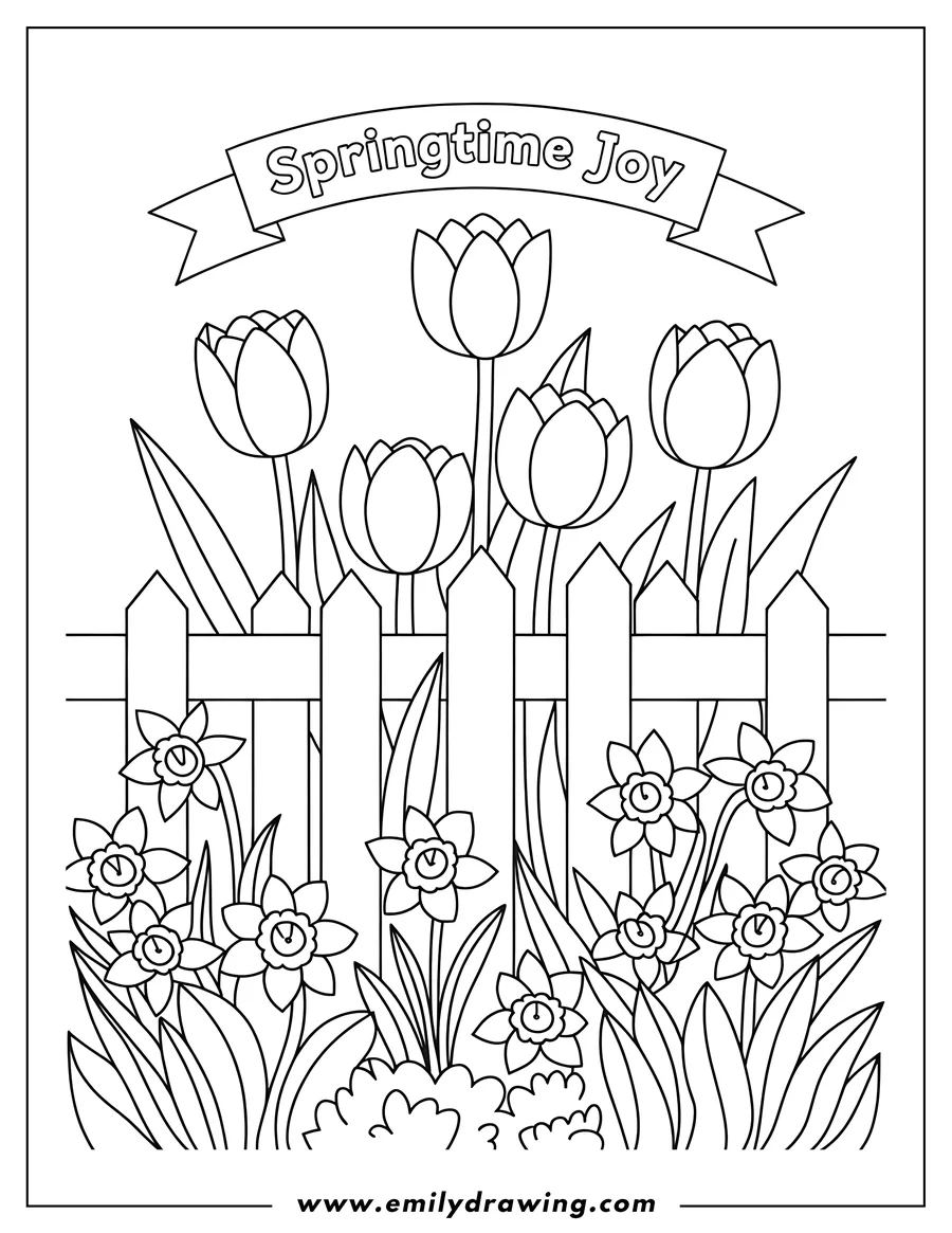 Outline of tulips behind a picket fence with daffodils in the foreground.