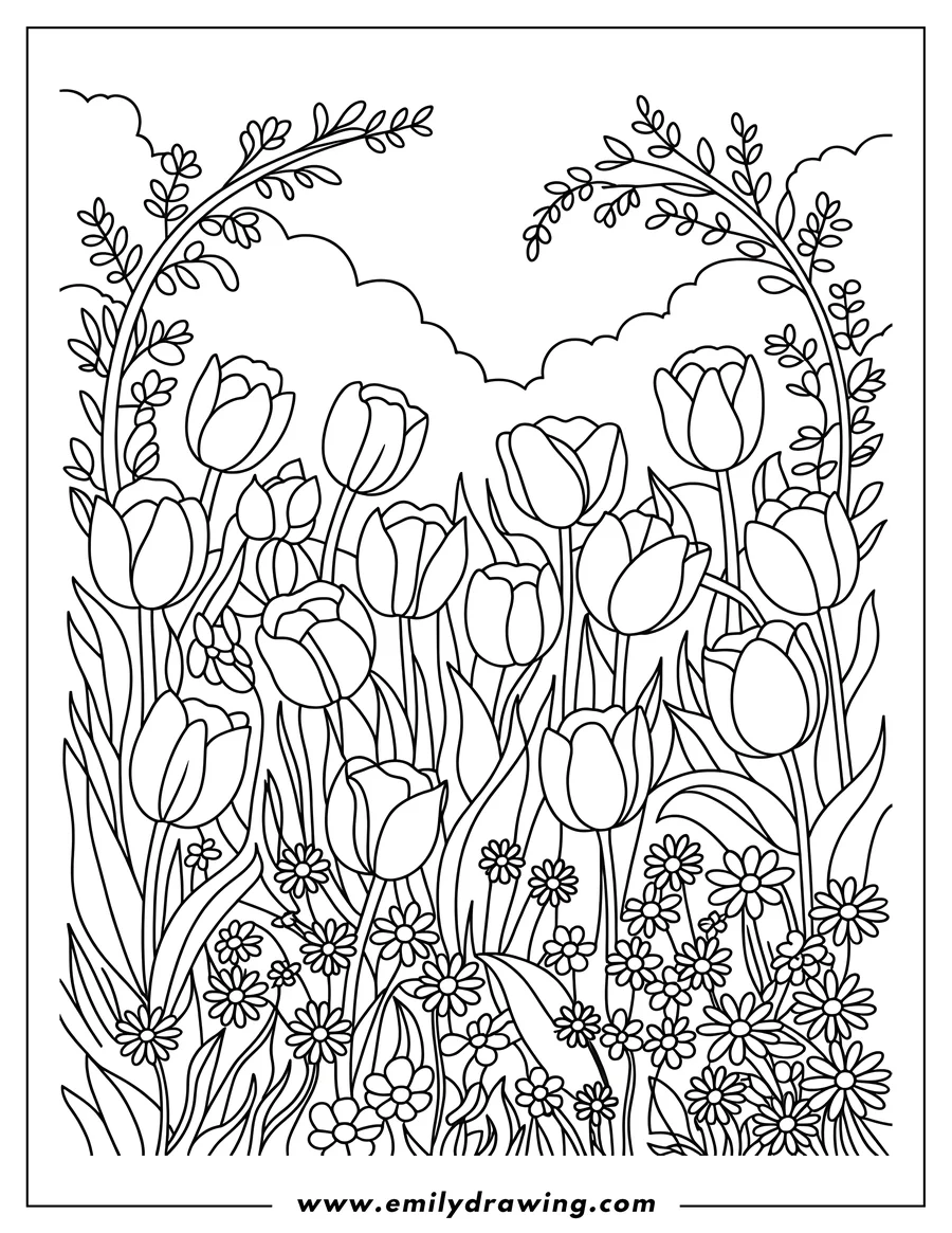 Outline of a field of tulips and daisies. Perfect for spring coloring fun.