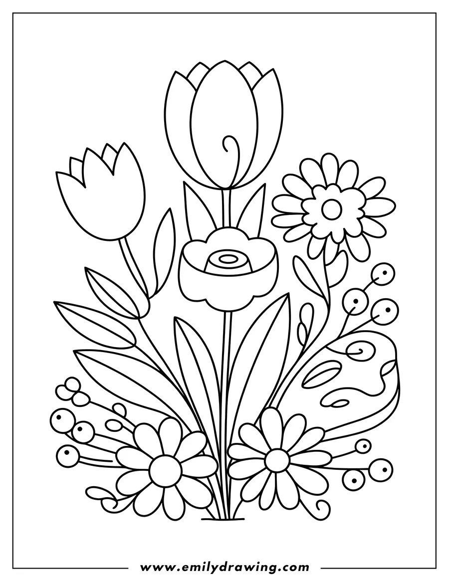 Outline of a bouquet of flowers, including two tulips and several smaller blossoms with round centers and berries.