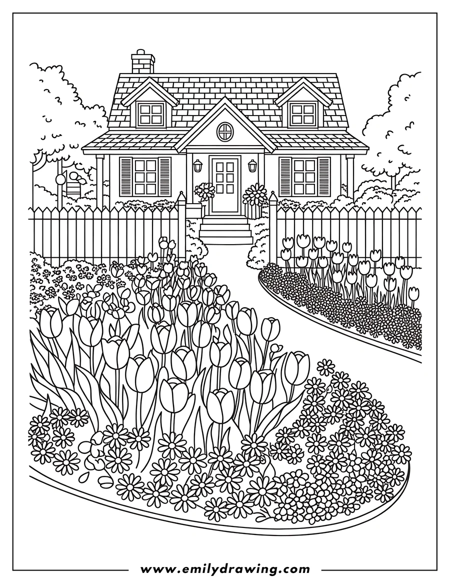 Outline of a house with a garden full of tulips and other flowers. A picket fence borders the garden.