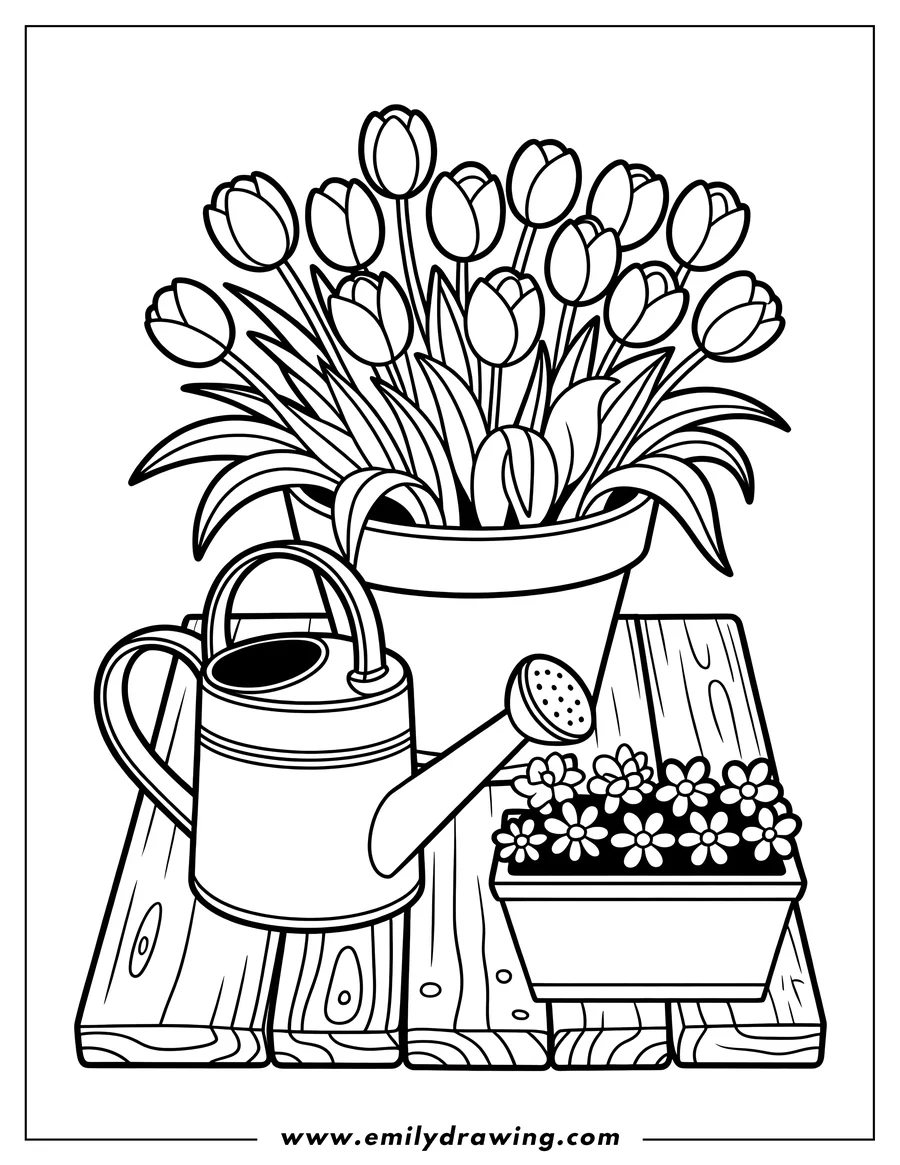 Outline of a bouquet of tulips in a pot, a watering can, and a smaller container of flowers, all resting on a wooden table.