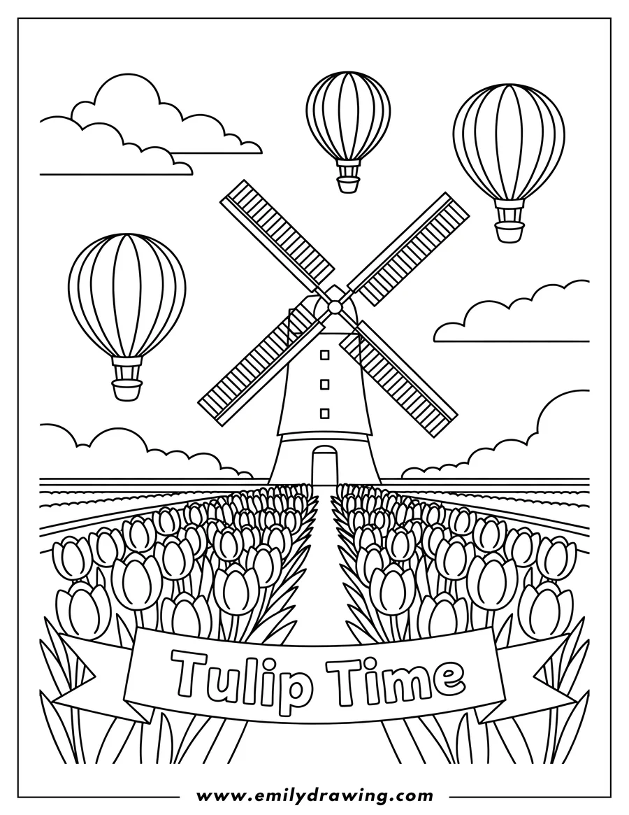 Outline of a field of tulips with a windmill in the background and hot air balloons overhead.
