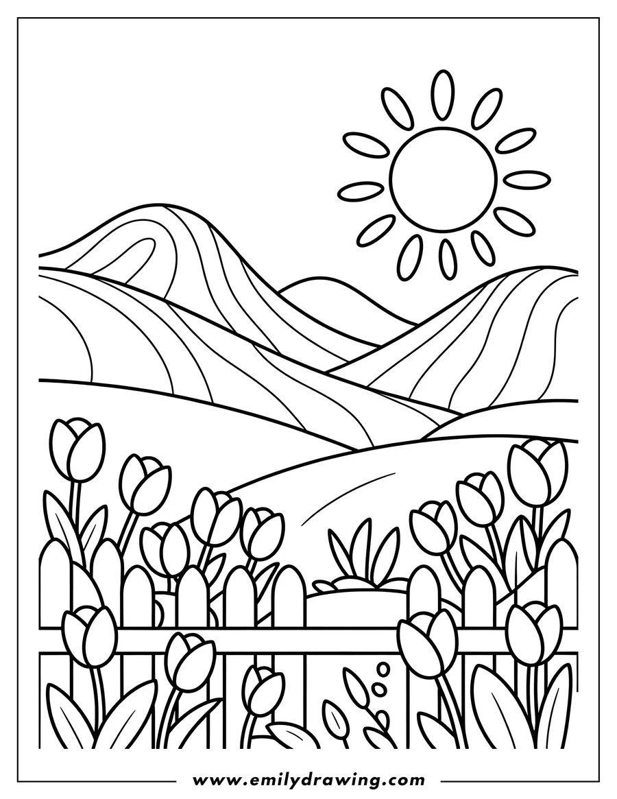 Outline of tulips growing in front of a wooden fence with rolling hills in the background under a shining sun