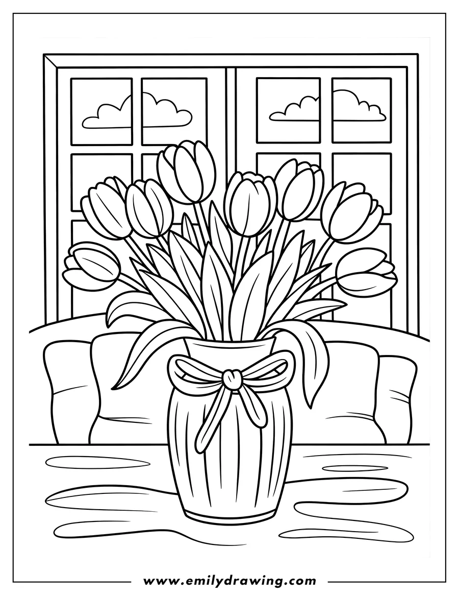 Outline of a bouquet of tulips in a vase with a ribbon, sitting on a table in front of a window with clouds visible outside.