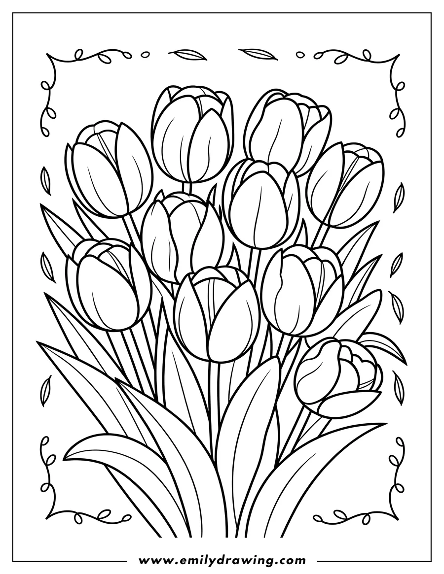 Outline of a bouquet of tulips with simple decorative elements in the corners.