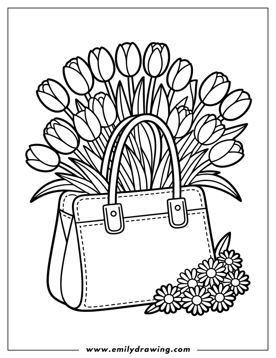 Outline of a handbag overflowing with a bouquet of tulips, with smaller flowers beside it.