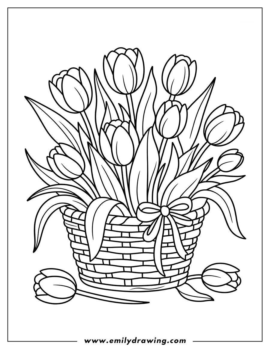 Outline of tulips arranged in a woven basket with a bow.