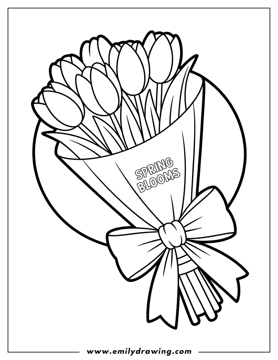 Outline of a bouquet of tulips tied with a ribbon. The words 'Spring Blooms' are printed on the wrapping.
