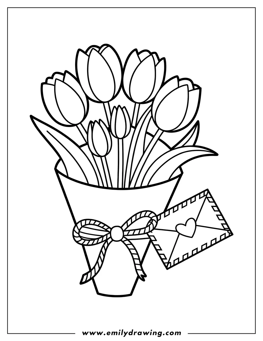 Outline of a bouquet of tulips tied with a ribbon and a love letter attached.