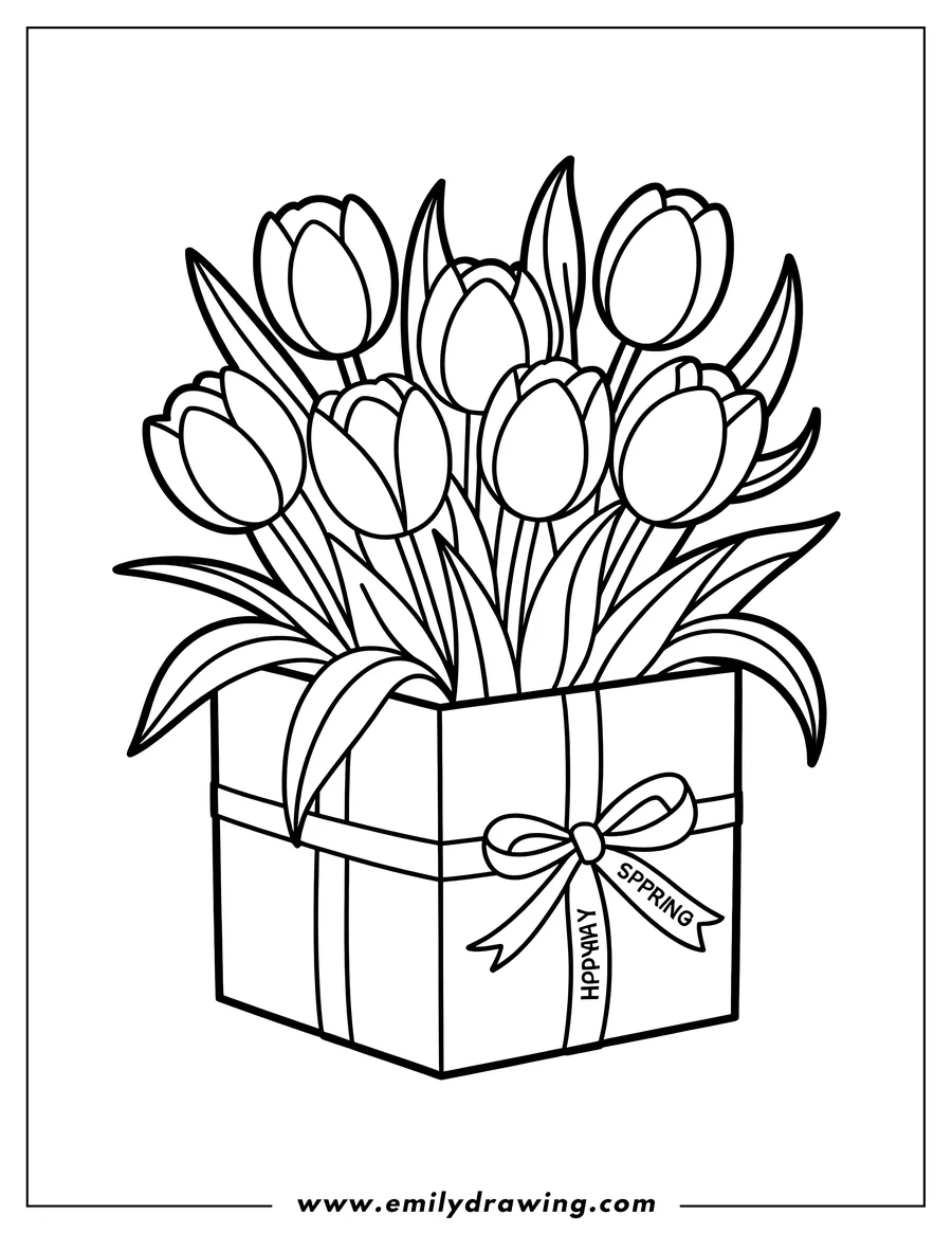 Outline of tulips arranged in a gift box tied with a ribbon that says 'Happy Spring'
