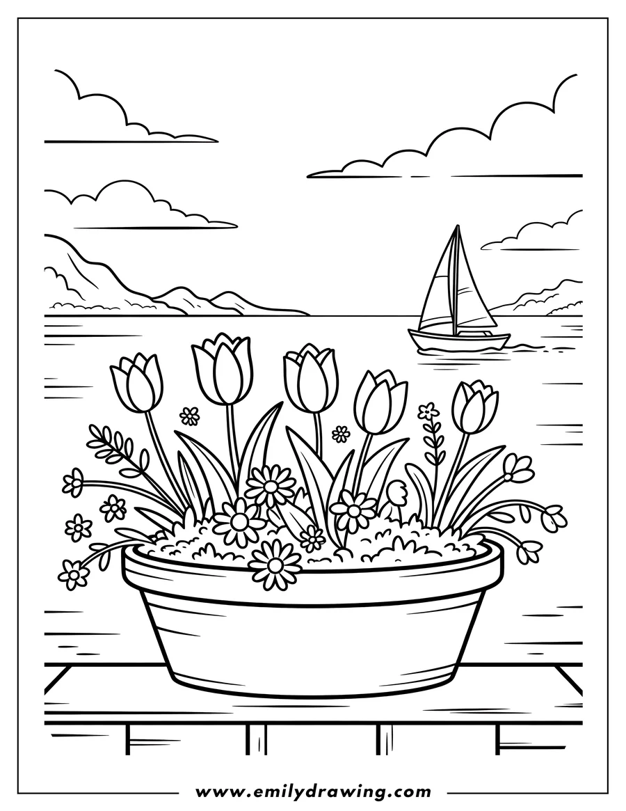 Outline of tulips and other small flowers in a pot on a wooden surface by the sea, with a sailboat and hills in the background.