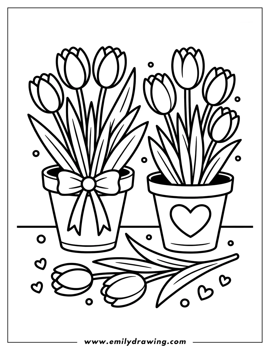 Outline of tulips in flower pots. Two pots with tulips and leaves are on a surface. One pot has a ribbon tied around it, the other a heart shape. Two cut tulips lie in front of the pots.