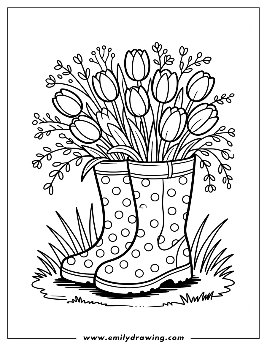 Outline of tulips arranged in a pair of polka dot rain boots on a patch of grass.
