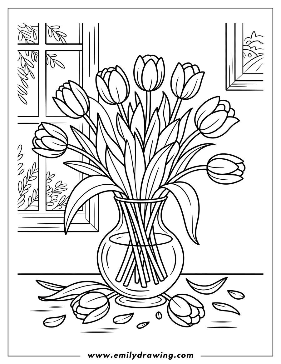 Outline of tulips in a clear glass vase on a table, with a few fallen petals and leaves scattered around. A window and a framed picture are visible in the background.
