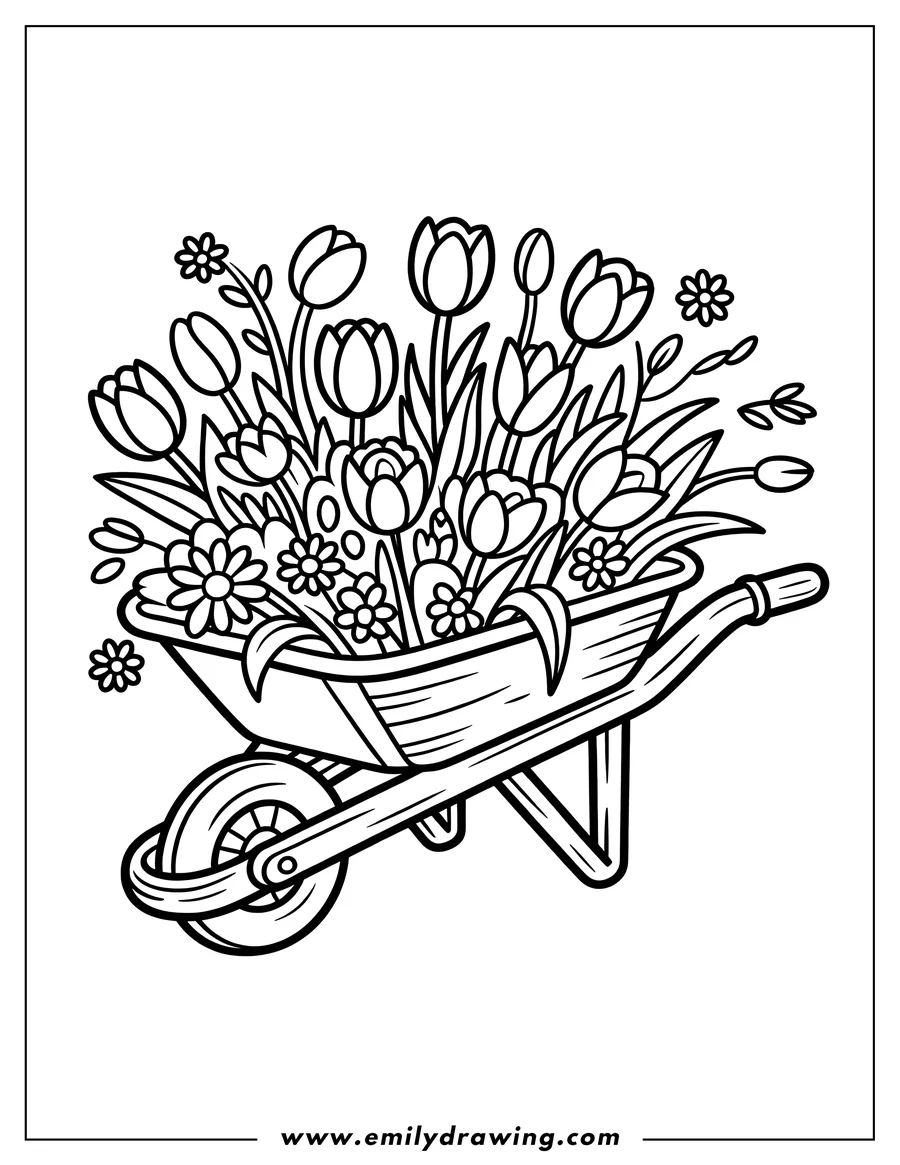 Outline of a wheelbarrow overflowing with tulips and small flowers.