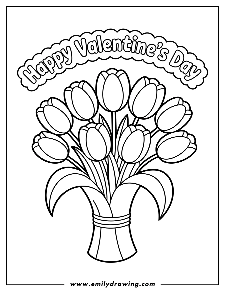Outline of a bouquet of tulips with 'Happy Valentine's Day' written above.