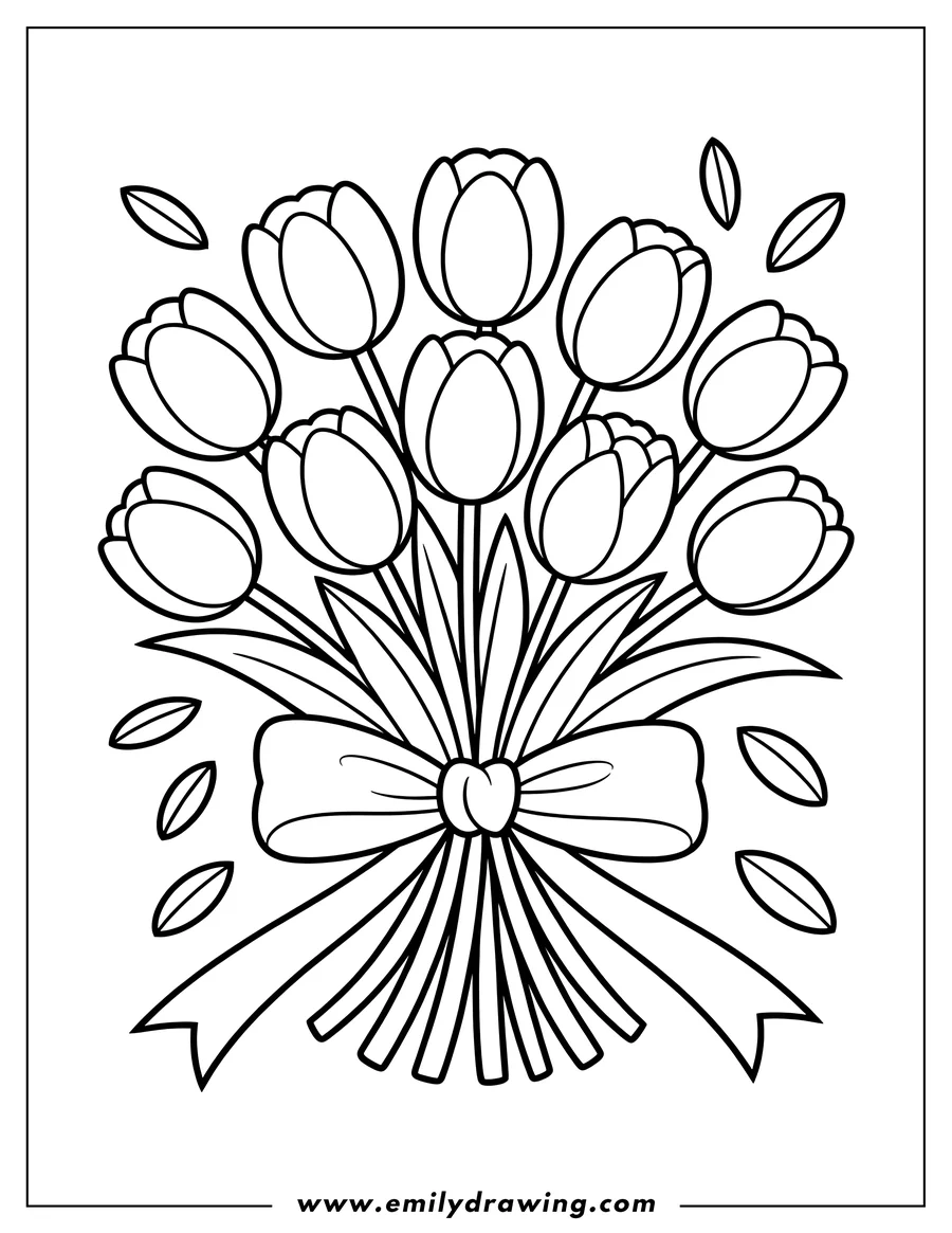 Outline of a bouquet of tulips tied with a ribbon.