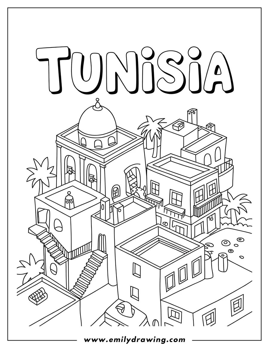 Outline of a cluster of Tunisian houses with flat roofs, balconies, and palm trees.