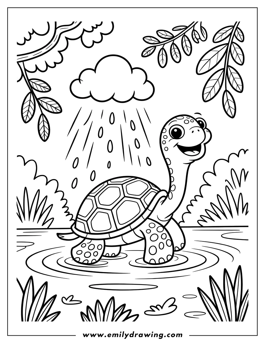 Outline of a cheerful turtle standing in shallow water as rain falls from a cloud. Plants and leaves frame the scene.