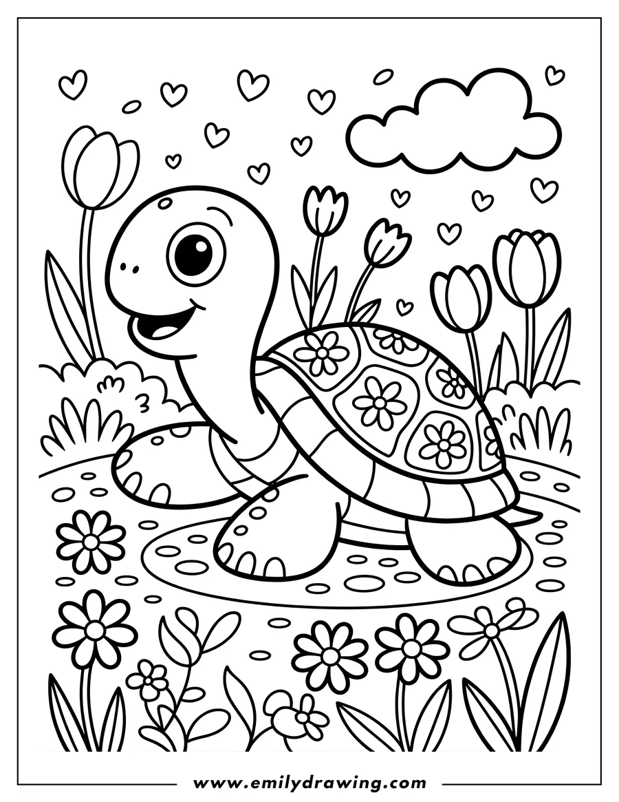 Outline of a cheerful turtle in a garden setting near blooming tulips and other flowers.