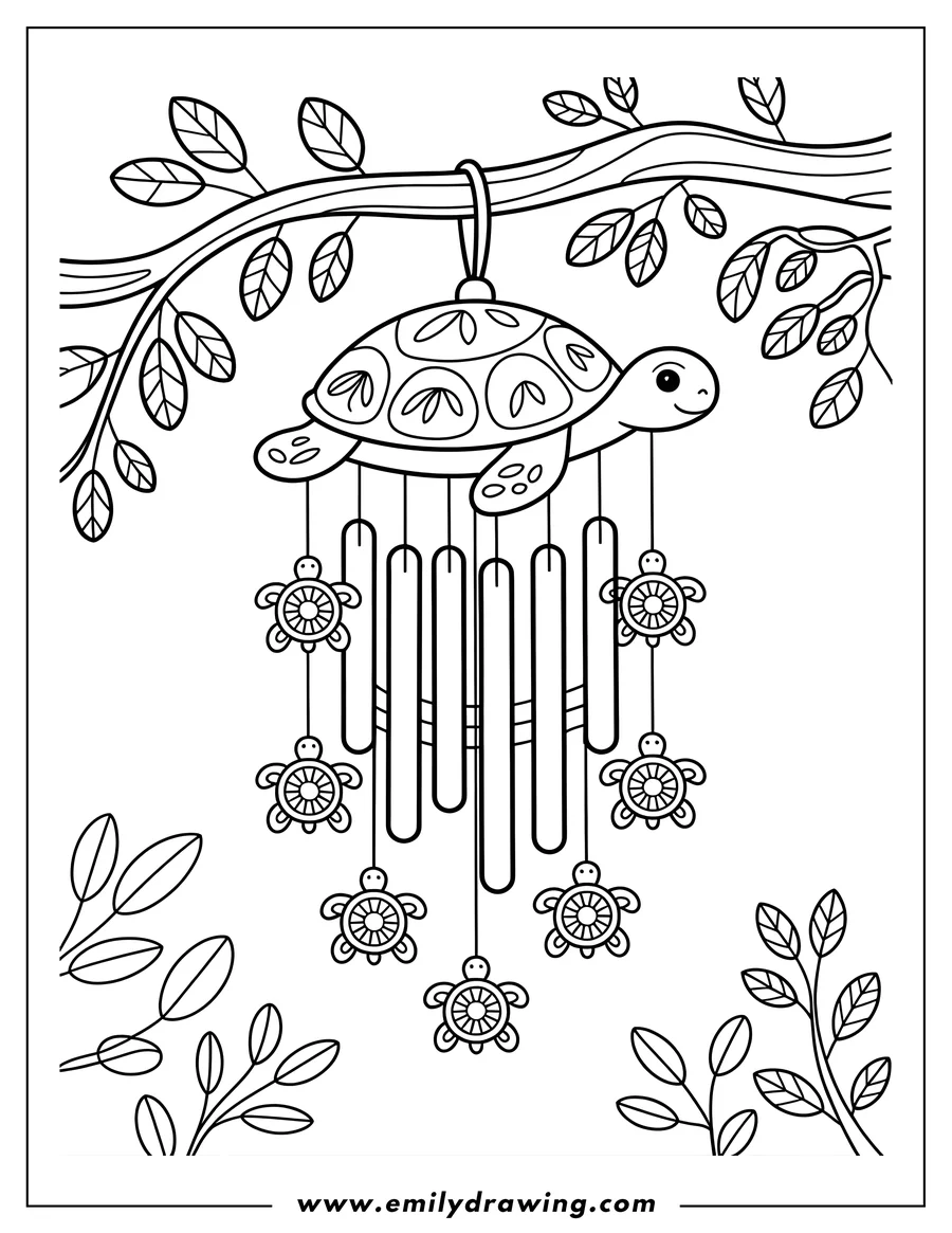 Line art of a turtle wind chime hanging from a tree branch. Several smaller turtles hang from the bottom of the chime.