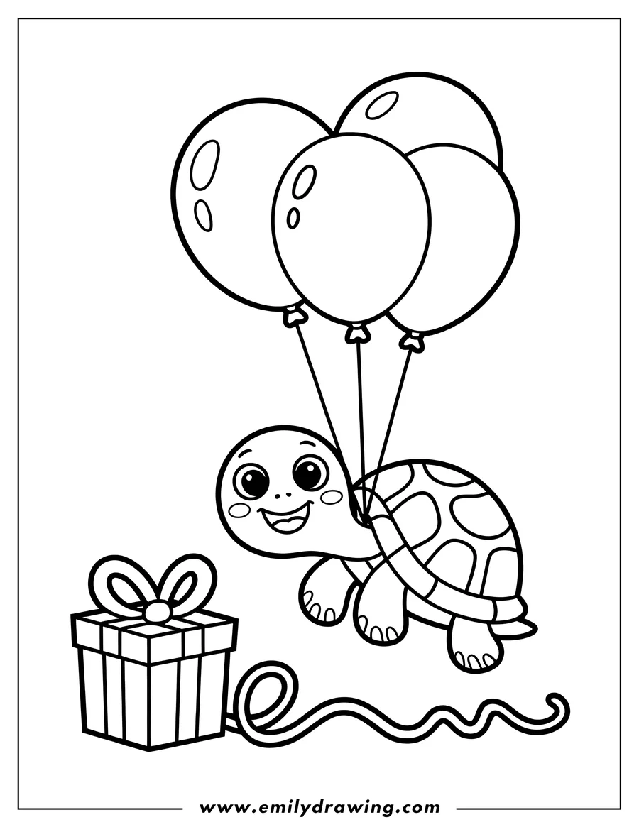 Line art of a cheerful turtle floating with balloons and a wrapped present below.