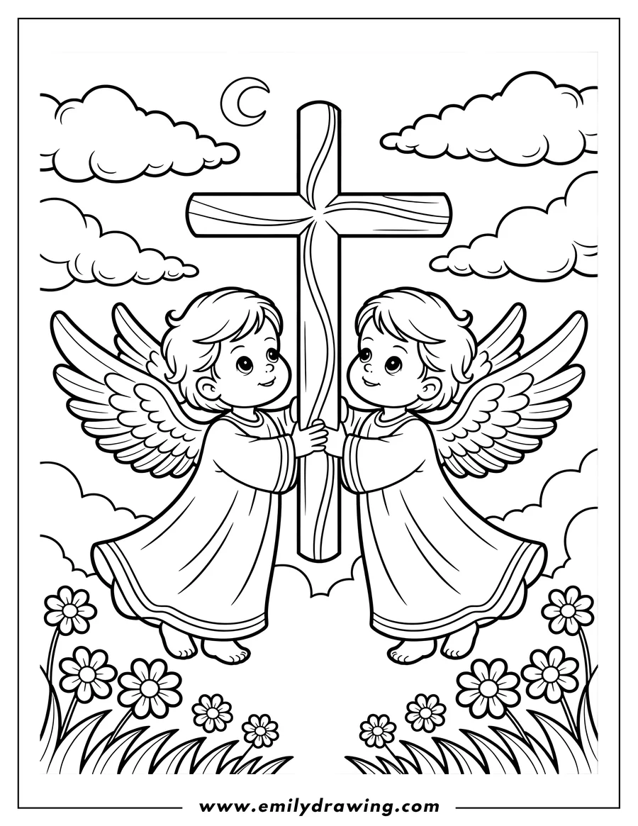 Outline of two cherubic angels standing on clouds and holding a large wooden cross. The scene includes a crescent moon above and flowers and grass below.