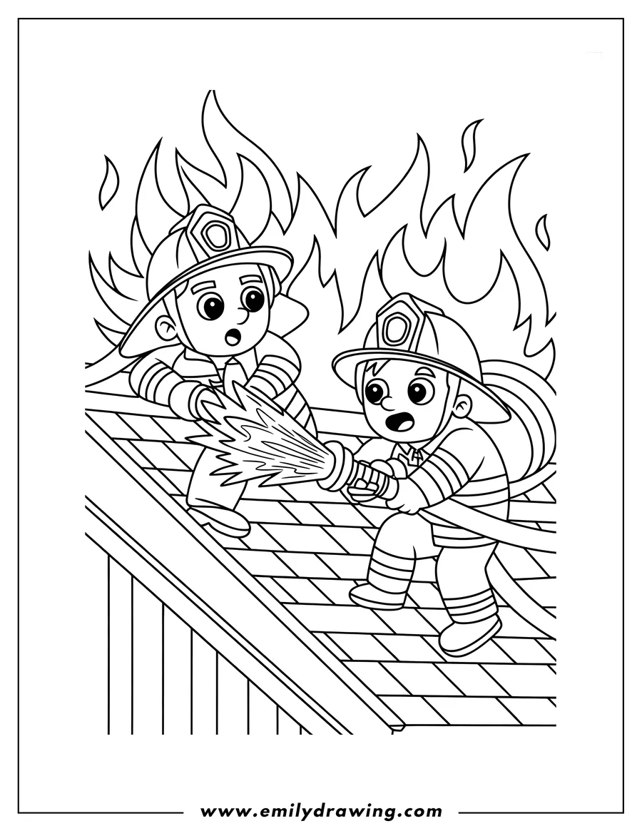 Outline of two cartoon firefighters aiming a hose to spray water on large flames while standing together on a tiled rooftop.
