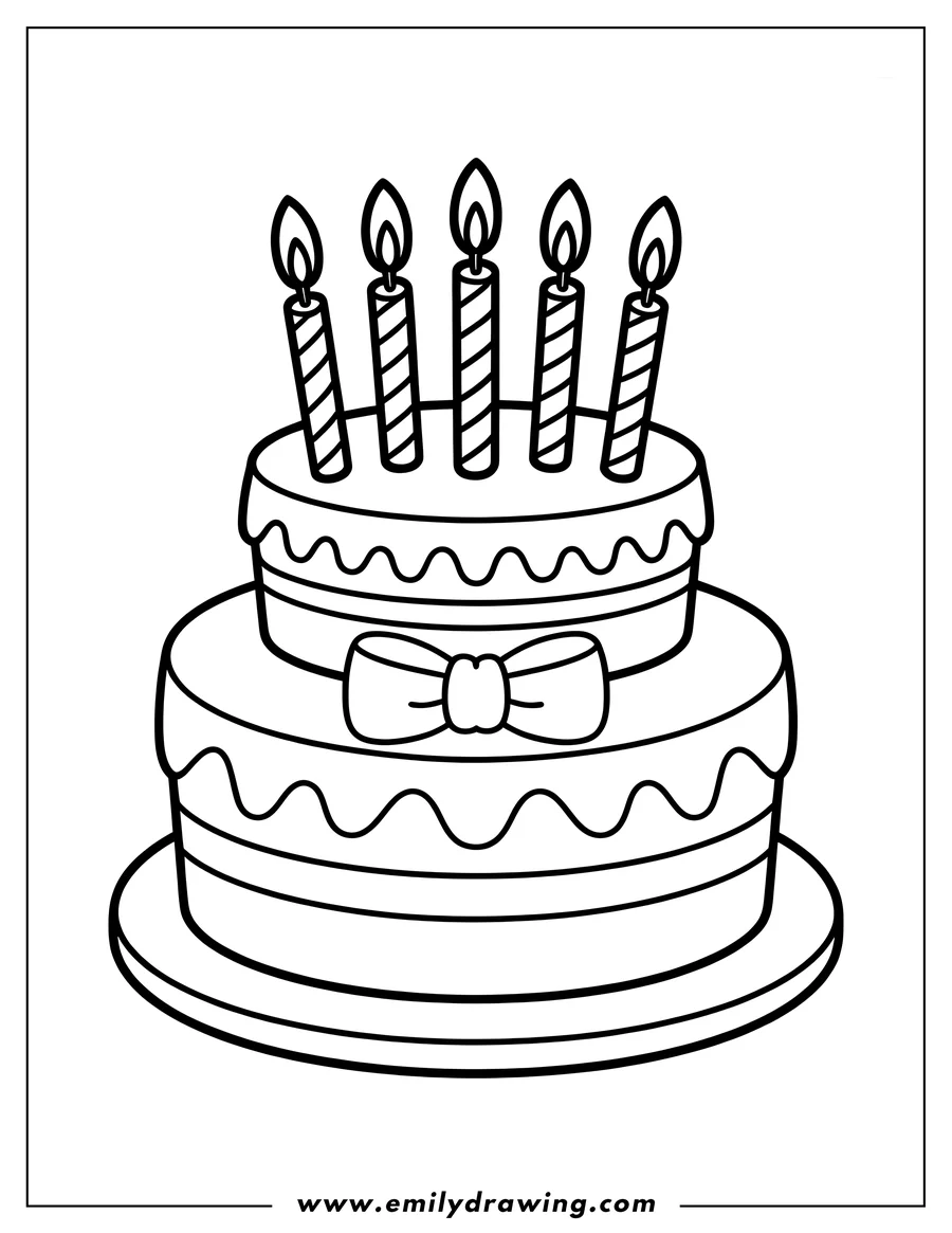 Outline drawing of a two-layer birthday cake topped with five lit candles and a bow
