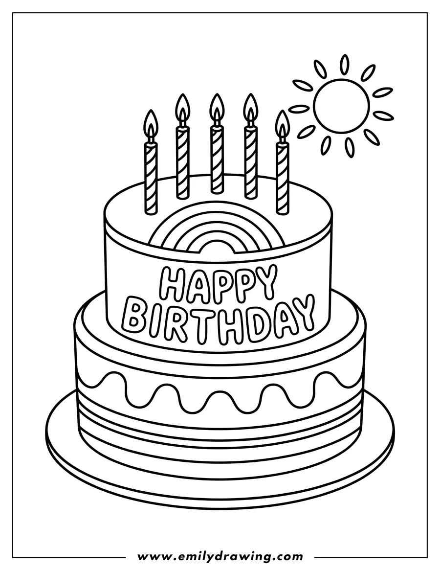 Outline of a two-tiered birthday cake with five lit candles on top and