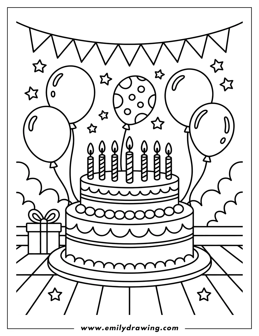 Outline of a two-tiered birthday cake with lit candles, surrounded by balloons, stars, and a present, set against a festive backdrop.