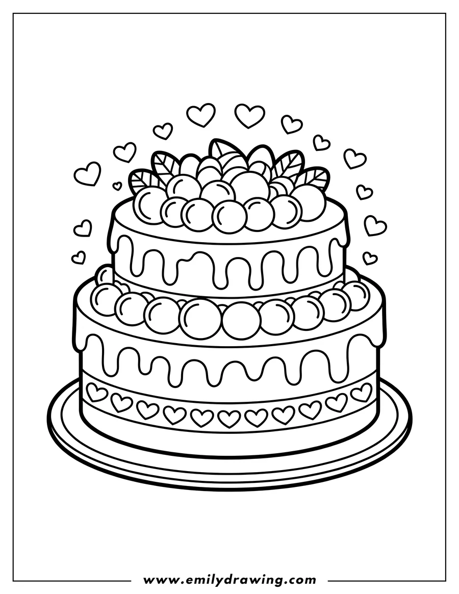 Outline of a two-tiered cake decorated with berries, frosting drips, and hearts around the bottom layer.