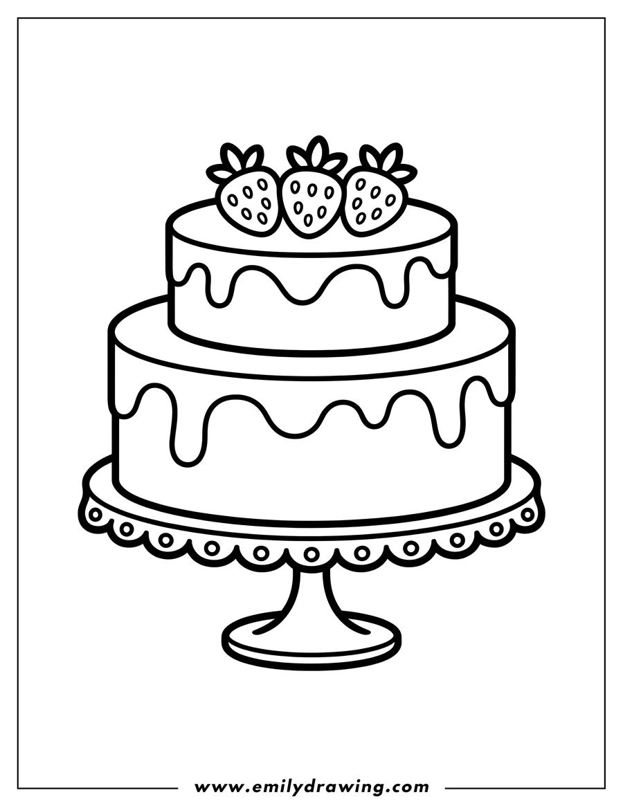 Outline of a two-tiered cake with icing dripping down the sides, topped with three strawberries, sitting on a decorative cake stand.