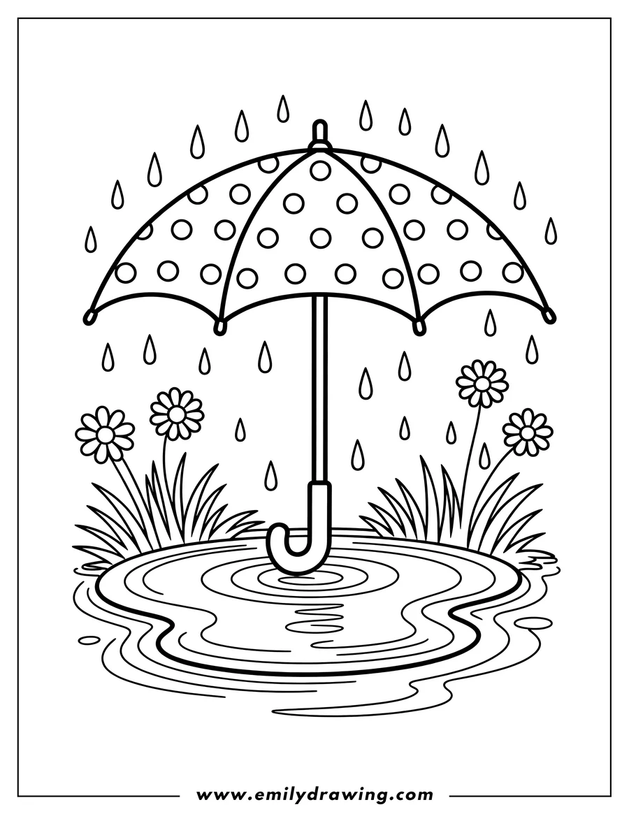 Line art of an umbrella with polka dots standing in a rain puddle, raindrops falling around it, and flowers growing nearby.