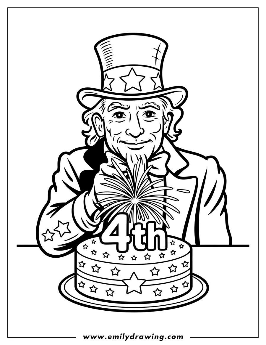 Line art of Uncle Sam with a 4th of July cake decorated with stars and a firework candle.
