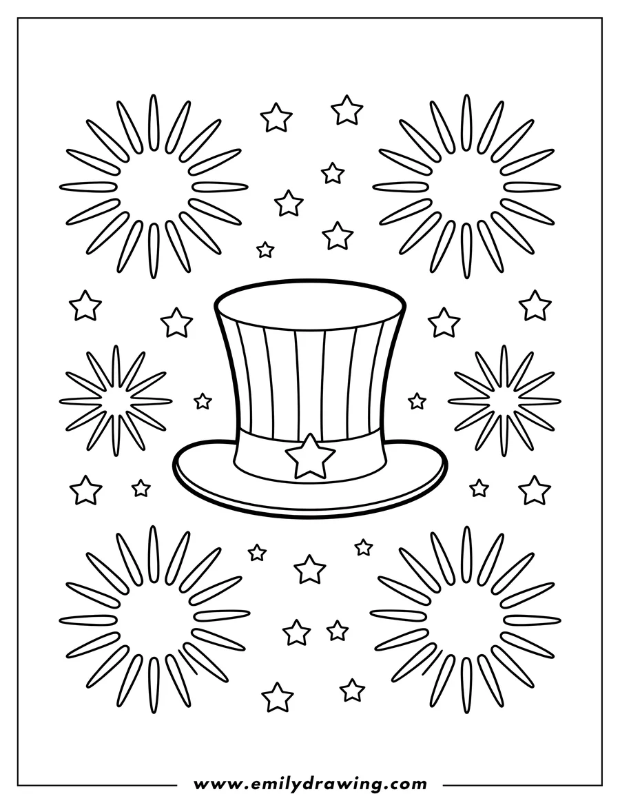 Line art of an Uncle Sam hat surrounded by fireworks and stars.