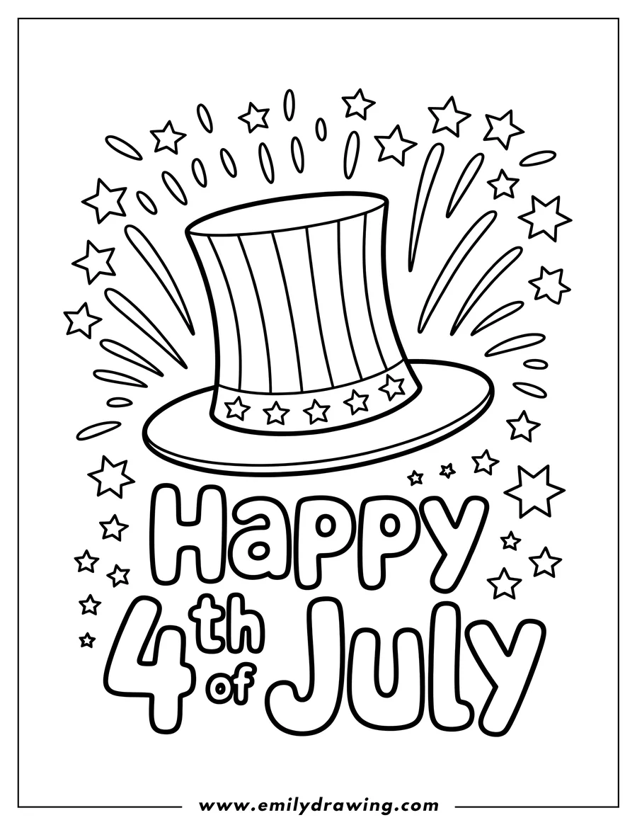 Line art of an Uncle Sam hat with decorative stars and the words 