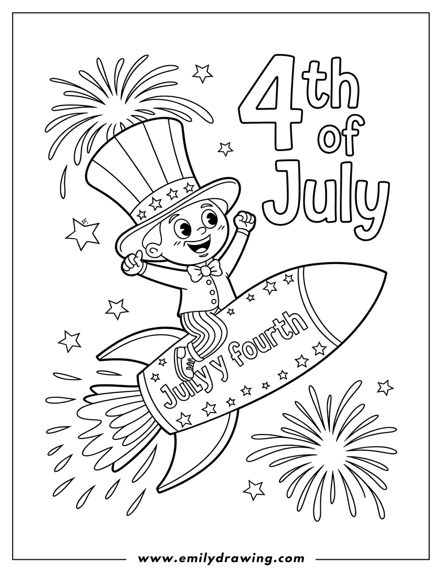 Line art of Uncle Sam riding a rocket with fireworks in the background.
