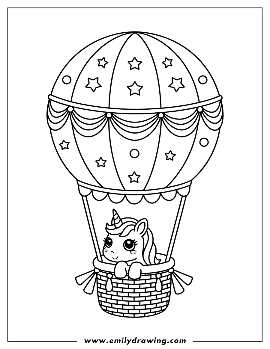 Outline of a unicorn riding in a hot air balloon basket. The balloon is decorated with stars and ribbons.