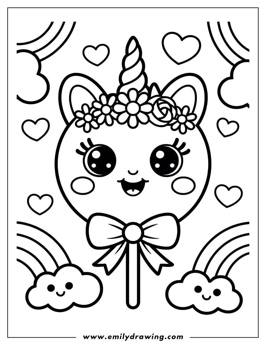 Line art of a unicorn lollipop with a flower crown. It has big, cute eyes and a happy smile. The background has rainbows, hearts, and smiling clouds.