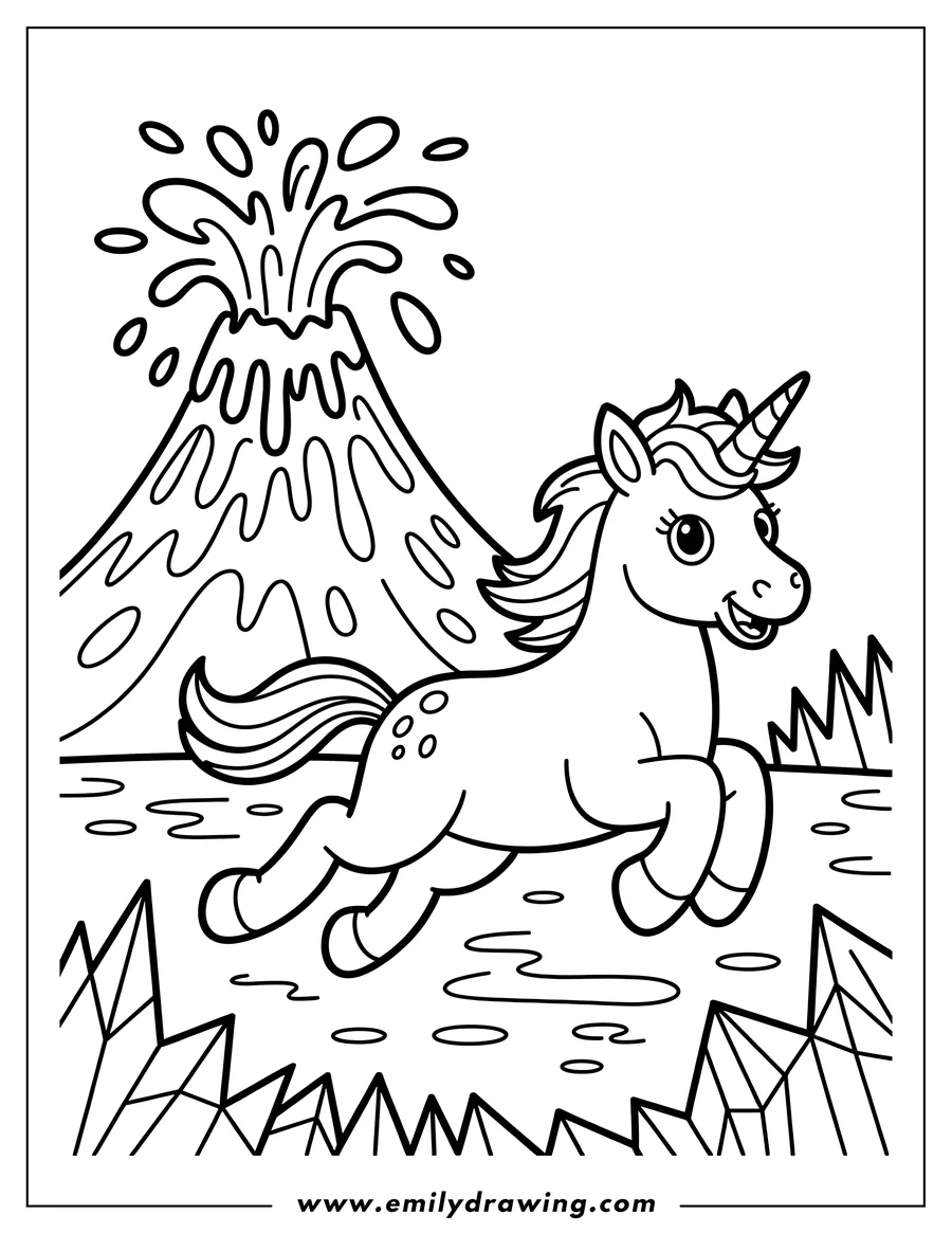 Line art of a unicorn running near an erupting volcano. Jagged crystals line the bottom of the image.