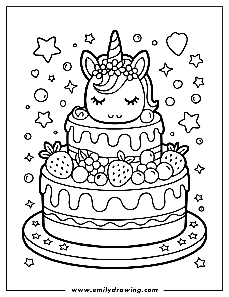 Outline of a unicorn sitting on top of a two-layered birthday cake decorated with frosting, strawberries, and blueberries. The unicorn is wearing a flower crown.